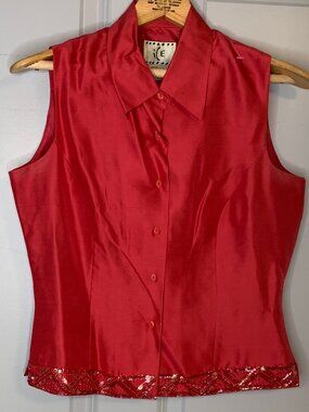 Ice Vintange Watermelon/Pink Silk Beaded Sleeveless Top, Size M
